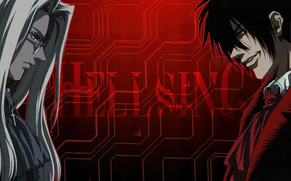 Anime-inspired HD wallpaper featuring Integra Hellsing and Alucard from the Hellsing series, set against a striking red background with a modern digital design.