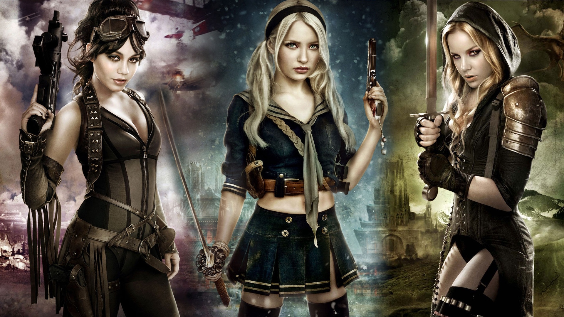 Three women in stylish costumes pose together against a dark, gritty backdrop.