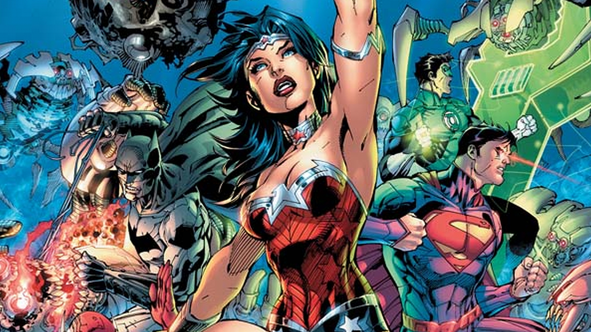 A powerful lineup of DC Comics heroes from The New 52 era: Batman, Wonder Woman, Green Lantern, and Superman.