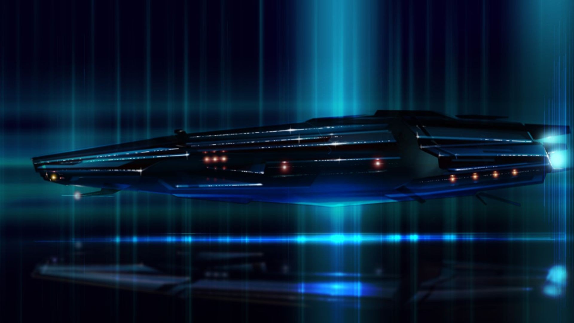 HD PC desktop wallpaper featuring a sleek sci-fi spaceship surrounded by glowing blue and green light beams in a futuristic space setting.