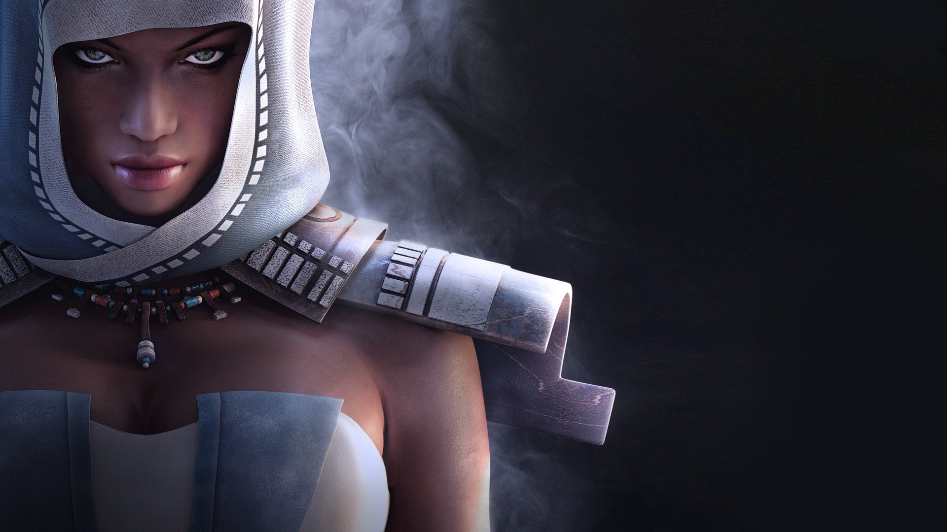 Guild Wars video game HD PC desktop wallpaper/background: hooded female warrior in white armor, half-lit against a smoky dark backdrop.