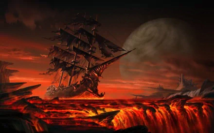 A fantasy HD desktop wallpaper featuring a sailing ship navigating a fiery landscape with a large moon in the background, creating a dramatic and surreal scene.