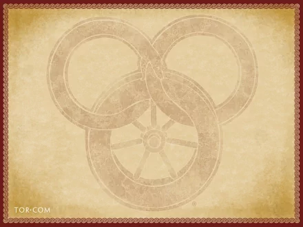 HD fantasy desktop wallpaper featuring the iconic Wheel of Time symbol on a textured parchment background with an ornate red border.
