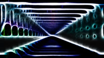 Abstract blue tunnel with glowing geometric shapes, creating a futuristic and immersive effect. HD PC desktop wallpaper and background with vibrant lighting.