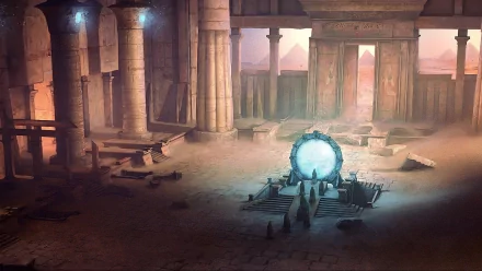 A captivating HD wallpaper from the TV show Stargate SG-1, featuring an ancient hall with towering columns and a glowing Stargate at the center, set against a mystical backdrop.