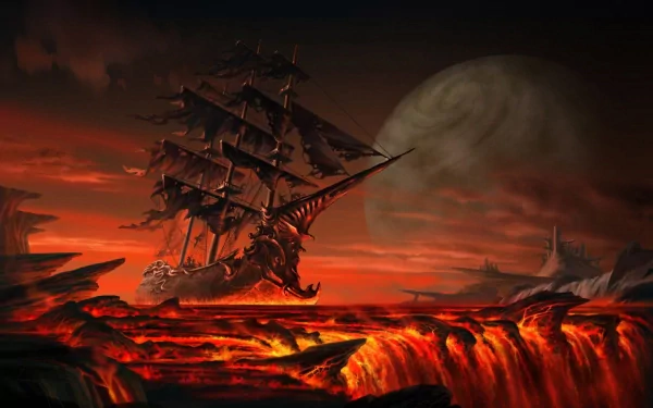 A fantasy HD desktop wallpaper featuring a sailing ship navigating a fiery landscape with a large moon in the background, creating a dramatic and surreal scene.