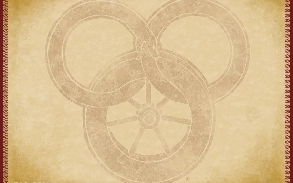 HD fantasy desktop wallpaper featuring the iconic Wheel of Time symbol on a textured parchment background with an ornate red border.