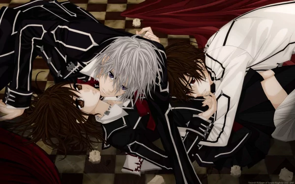 A captivating HD desktop wallpaper featuring characters from the anime Vampire Knight, portraying a dramatic and intense scene with a dark, elegant aesthetic.