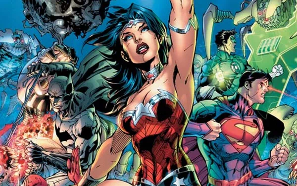 HD desktop wallpaper featuring The New 52 DC Comics heroes: Wonder Woman, Superman, Batman, and Green Lantern in dynamic action poses.
