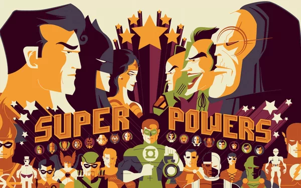 HD PC desktop wallpaper featuring a vibrant DC Comics comic-style illustration of iconic superheroes with the bold text SUPER POWERS in the center.