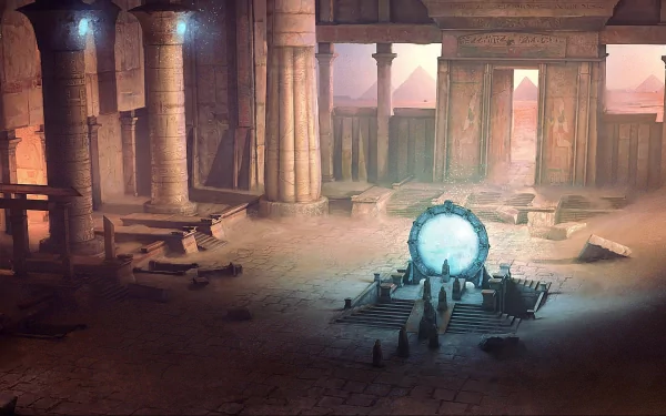 A captivating HD wallpaper from the TV show Stargate SG-1, featuring an ancient hall with towering columns and a glowing Stargate at the center, set against a mystical backdrop.