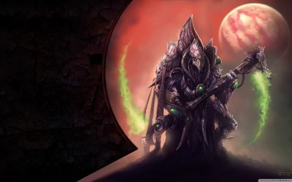 4K Ultra HD PC desktop wallpaper from the video game StarCraft: a cloaked Protoss warrior wielding glowing green blades, silhouetted against a blood-red planet backdrop.