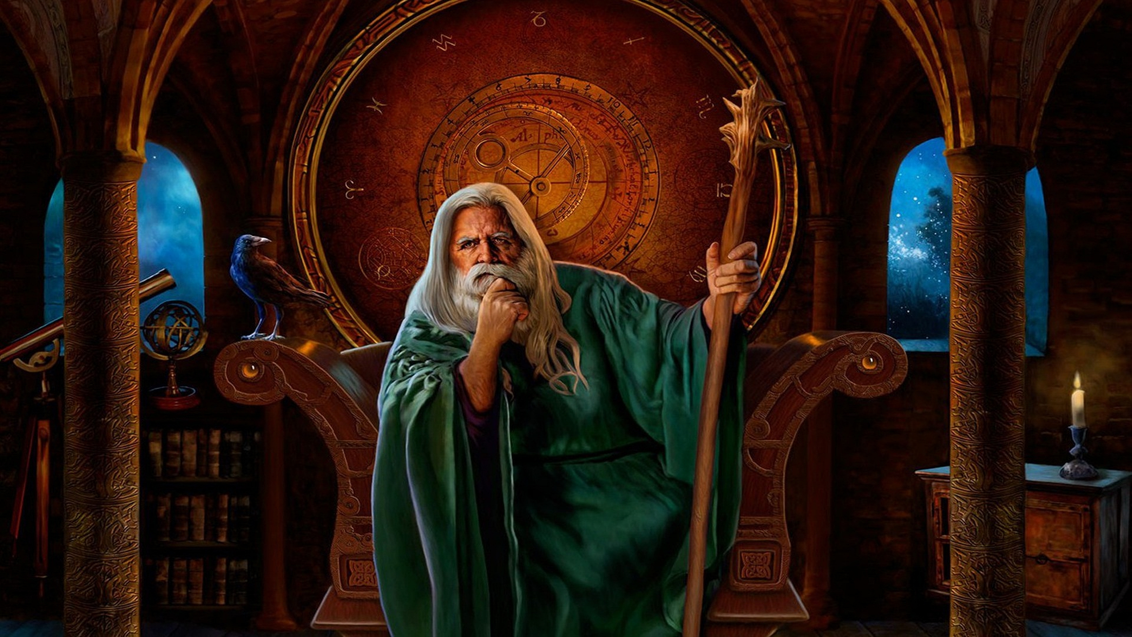 A majestic wizard conjuring magic in a mesmerizing fantasy scenery.