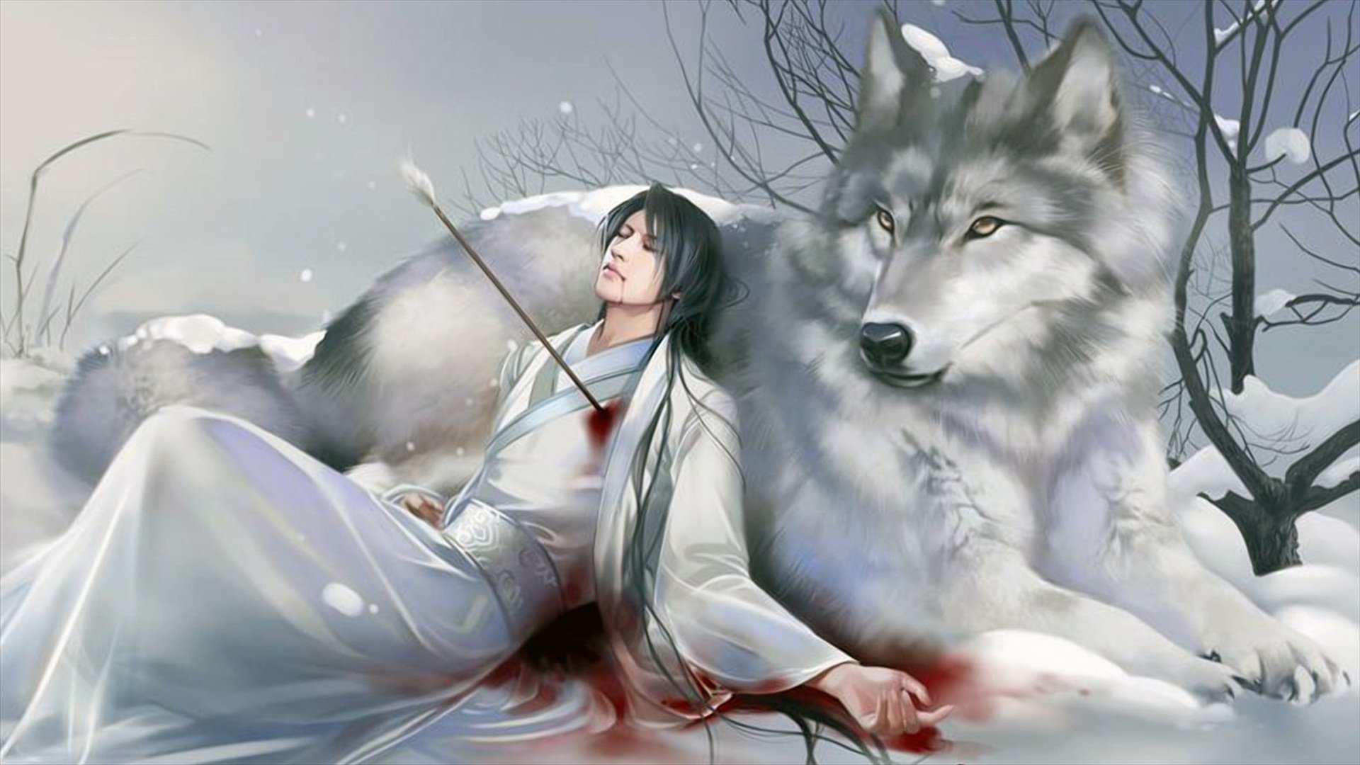 Fantasy HD desktop wallpaper: A wounded man in white robes rests against a giant wolf in a snowy landscape, expressing drama and companionship. Blood stains the snow, highlighting the intensity of the scene.