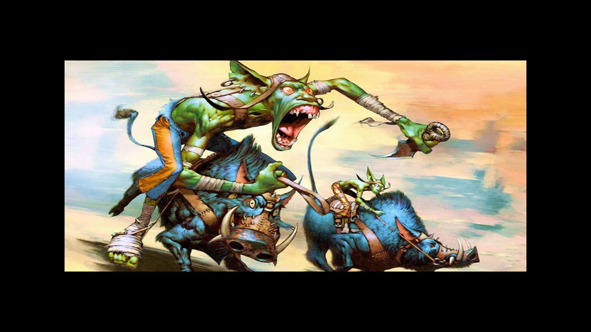 A vivid 4K Ultra HD fantasy wallpaper depicting fierce goblin-like creatures riding boar mounts against a dynamic sky background.