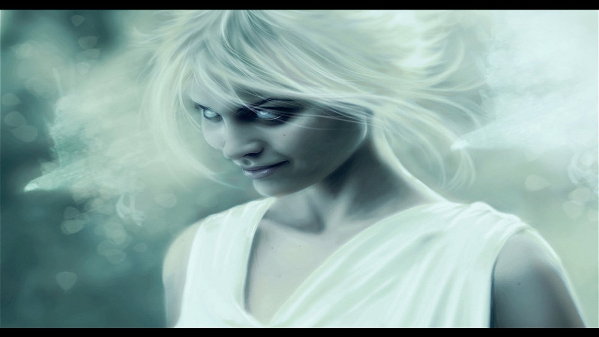 A captivating fantasy scene featuring an evil-looking woman with white hair, set against a mystical background. This 4K Ultra HD wallpaper immerses viewers in a surreal atmosphere.