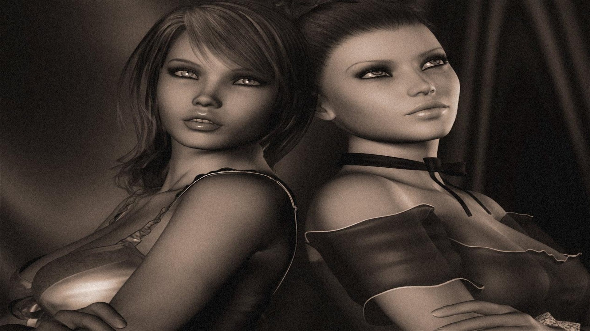 Two women with striking features stand back-to-back, exuding a fantasy aesthetic. This HD desktop wallpaper showcases a captivating blend of elegance and allure.