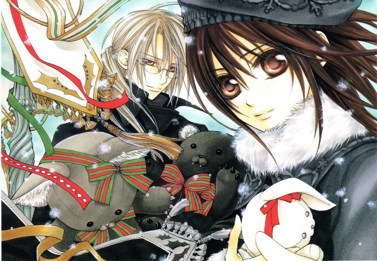 HD PC desktop wallpaper featuring characters from the anime Vampire Knight, showcasing detailed artwork with plush toys and festive ribbons in a winter setting.