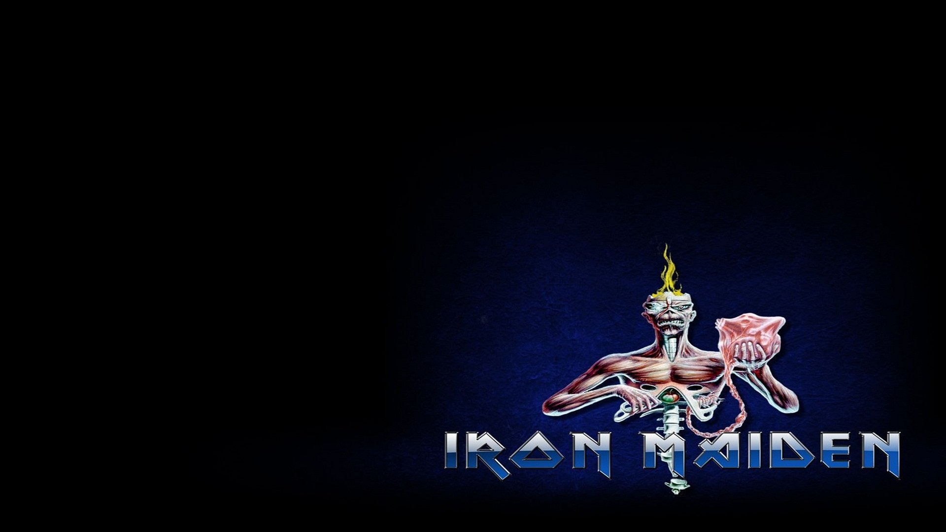 4K Ultra HD PC desktop wallpaper: Iron Maiden logo with the band's skeletal mascot clutching a flaming torch against a dark blue-black music-themed background.