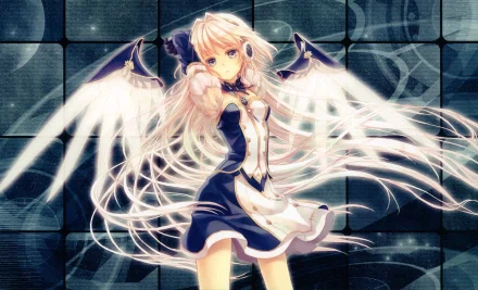 Anime-style angel with glowing white wings and flowing hair, set against a dark, patterned background in an HD PC desktop wallpaper.