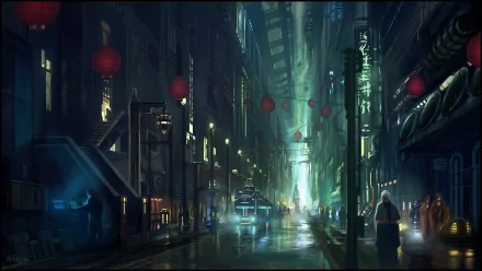 A high-definition wallpaper of a cyberpunk sci-fi city street, featuring neon lights, red lanterns, and futuristic architecture under a moody, rain-soaked atmosphere.