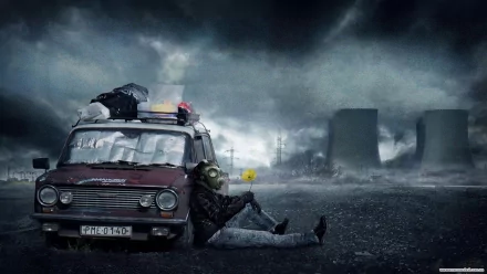 Sci-fi apocalyptic 4K Ultra HD PC desktop wallpaper: battered van with flashing lights on a desolate road, a collapsed figure beside it, distant cooling towers under a stormy sky.