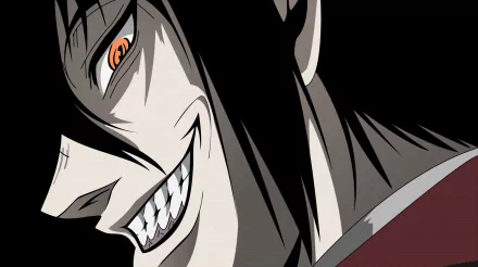 HD anime wallpaper featuring a close-up of a menacing character from Hellsing with sharp teeth and glowing orange eyes against a dark background.