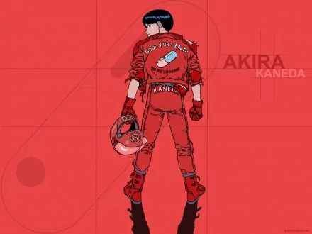 Anime HD PC desktop wallpaper featuring Kaneda from Akira, standing with his back turned, holding his helmet against a red background.