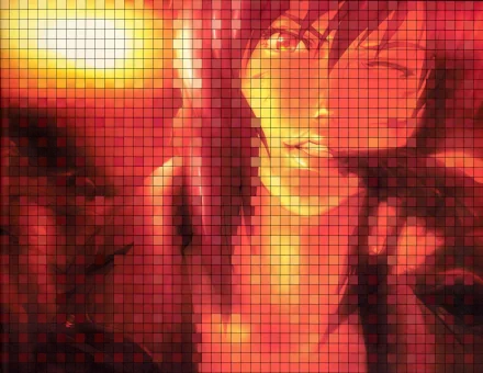 HD anime wallpaper featuring Motoko Kusanagi from Ghost in the Shell, showcasing a vibrant, pixelated red and orange color scheme.