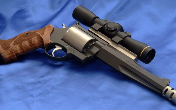 A close-up of a Smith & Wesson Model 500 revolver, featuring a wooden grip and mounted scope, set against a rich blue background. High-resolution 4K Ultra HD wallpaper.