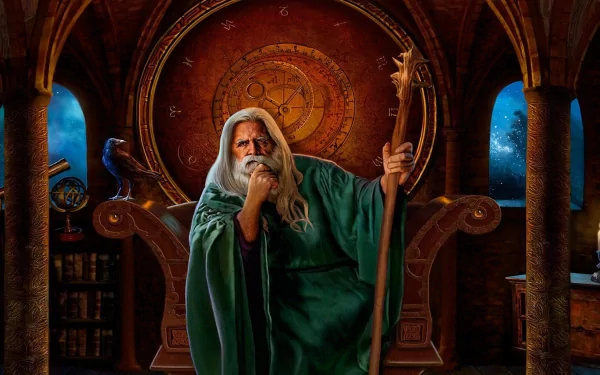 A fantasy wizard with long white hair sits thoughtfully in a grand chair, holding a staff, surrounded by mystical elements and an enchanting background. HD desktop wallpaper.