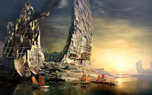 4K Ultra HD Guild Wars 2 desktop wallpaper depicting towering, ruined structures by a calm waterway with small boats and a glowing sunset sky.