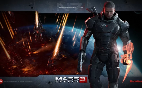 Commander Shepard from Mass Effect 3 in N7 armor stands amid a fiery battlefield, rendered as a 4K Ultra HD PC desktop wallpaper.