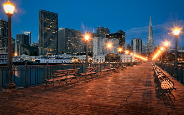 Photography HDR San Francisco Pier City Building Bench Lamp Post HD Wallpaper | Background Image