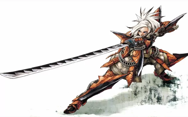A striking 4K Ultra HD wallpaper featuring a fierce hunter from the video game Monster Hunter, showcasing intricate armor and a dramatic pose with a large sword.