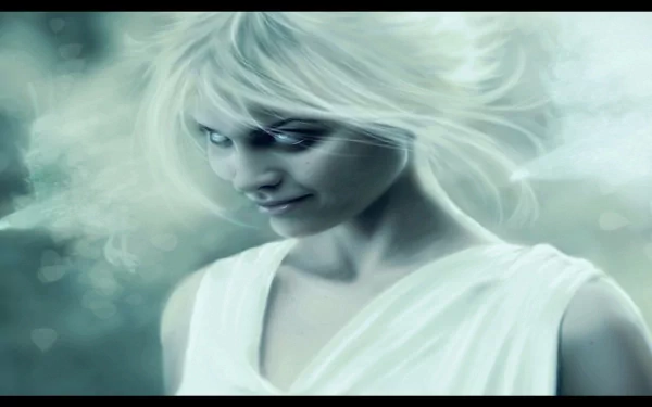 A captivating fantasy scene featuring an evil-looking woman with white hair, set against a mystical background. This 4K Ultra HD wallpaper immerses viewers in a surreal atmosphere.