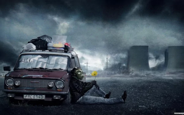 Sci-fi apocalyptic 4K Ultra HD PC desktop wallpaper: battered van with flashing lights on a desolate road, a collapsed figure beside it, distant cooling towers under a stormy sky.