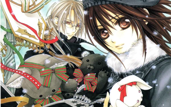 HD PC desktop wallpaper featuring characters from the anime Vampire Knight, showcasing detailed artwork with plush toys and festive ribbons in a winter setting.