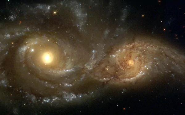 HD desktop wallpaper featuring a mesmerizing space collision between two galaxies, illuminated brightly against the vast cosmic backdrop, creating a stunning Sci-Fi spectacle.