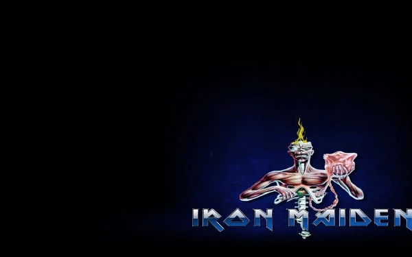 4K Ultra HD PC desktop wallpaper: Iron Maiden logo with the band's skeletal mascot clutching a flaming torch against a dark blue-black music-themed background.