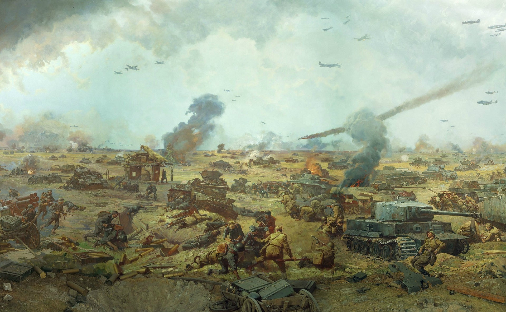 Artistic portrayal of military scene during World War II