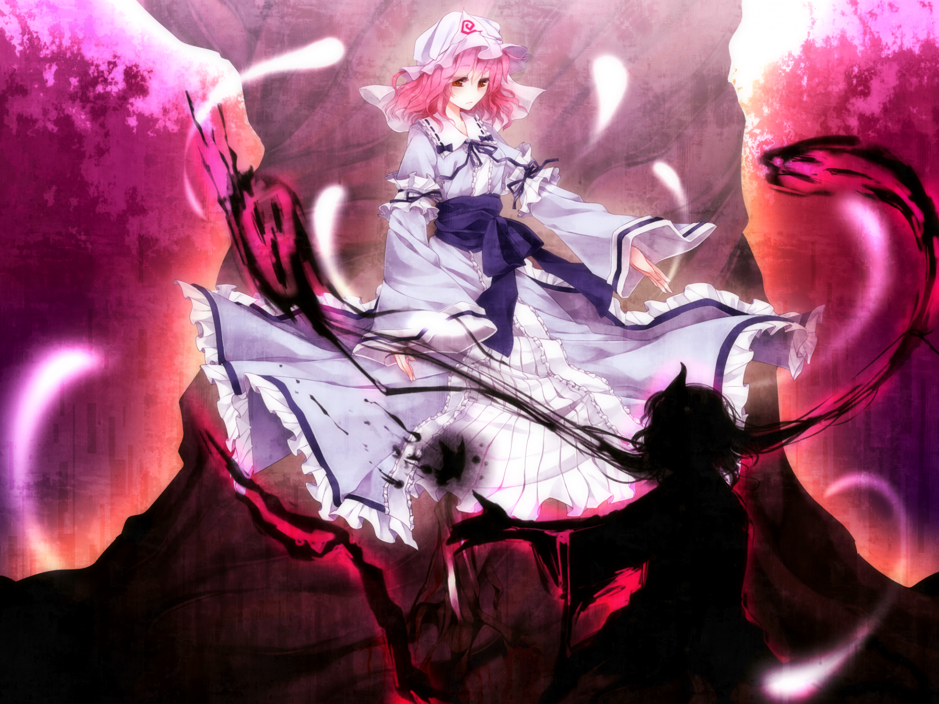 HD PC desktop wallpaper featuring Yuyuko Saigyouji from the Touhou anime series, depicted in a mystical, vibrant scene with swirling ethereal elements.