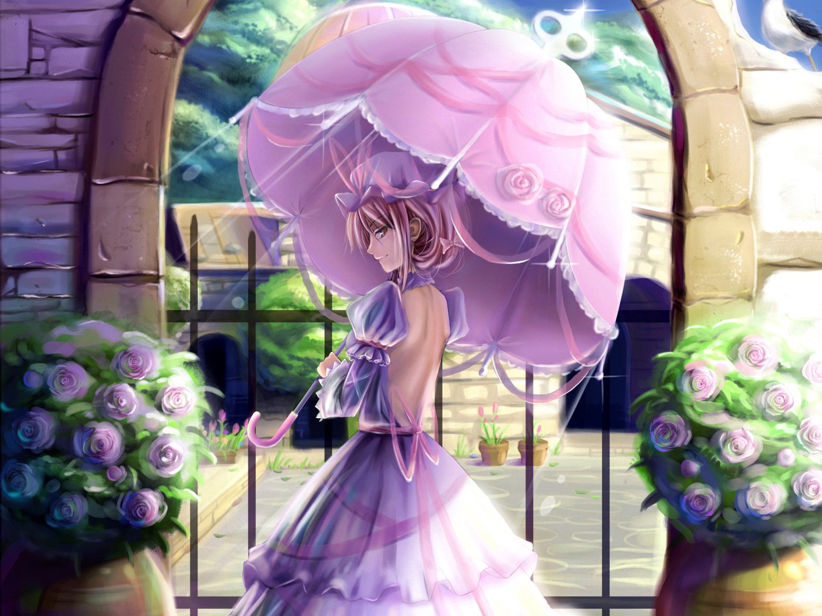 A stunning HD wallpaper featuring Yukari Yakumo from the anime Touhou, elegantly posed with a pink parasol amidst a beautiful garden setting.