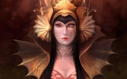 Fantasy-themed HD PC desktop wallpaper featuring a mysterious woman with elaborate golden headgear and dark, dramatic wings against a smoky background.