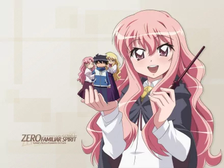 Anime wallpaper featuring characters from Zero no Tsukaima. The main character holds miniatures of her friends, showcasing a vibrant and whimsical scene.