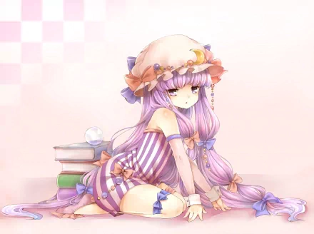 HD PC desktop wallpaper of Patchouli Knowledge (Touhou) in anime style: lavender-haired girl in frilled hat and striped dress, seated by books and a crystal orb on a pale checkered background.