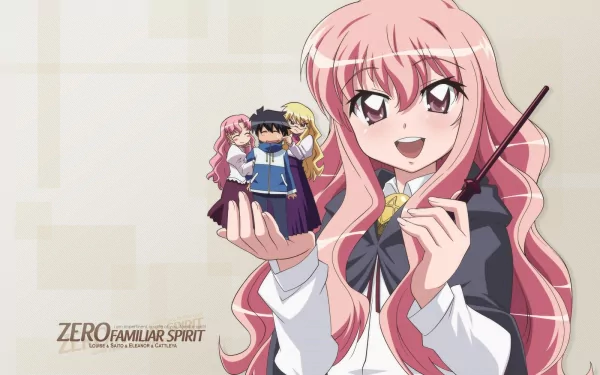 Anime wallpaper featuring characters from Zero no Tsukaima. The main character holds miniatures of her friends, showcasing a vibrant and whimsical scene.