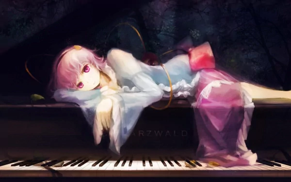 A stunning HD wallpaper featuring Satori Komeiji from the Touhou series, elegantly posed on a piano, capturing a blend of dreamy colors and ethereal beauty.