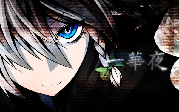 HD anime desktop wallpaper featuring Sakuya Izayoi from Touhou with striking blue eyes and braided hair against a dark, textured background.