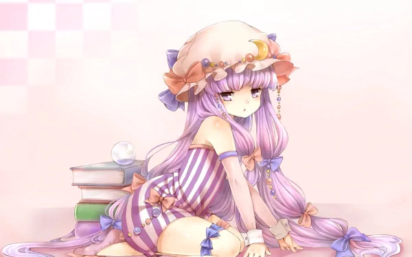 HD PC desktop wallpaper of Patchouli Knowledge (Touhou) in anime style: lavender-haired girl in frilled hat and striped dress, seated by books and a crystal orb on a pale checkered background.